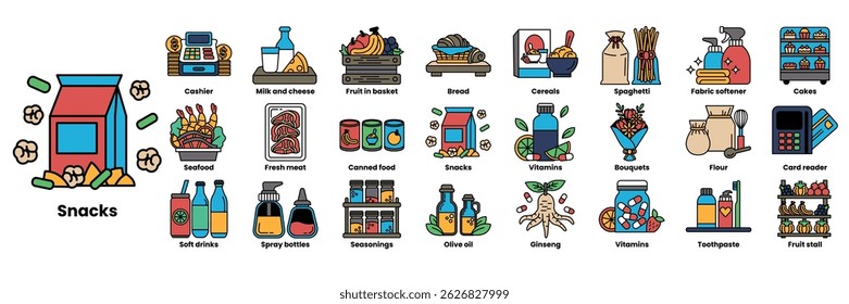 A series of food and drink icons, including a bottle of wine, a can of beans, and a jar of pickles