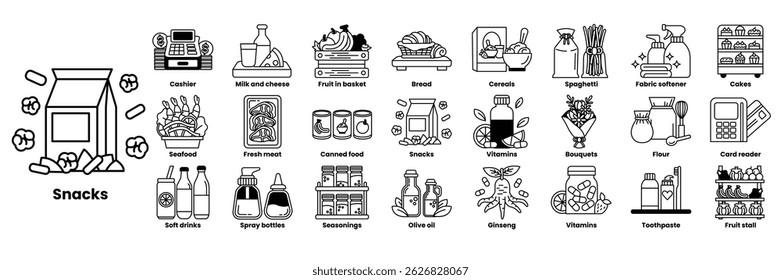 A series of food and drink icons, including a bottle of wine, a can of beans, and a jar of pickles in line drawing style