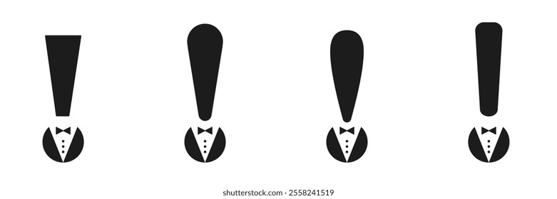 A series of four black exclamation marks, each with a tuxedo design at the base. minimalist style.