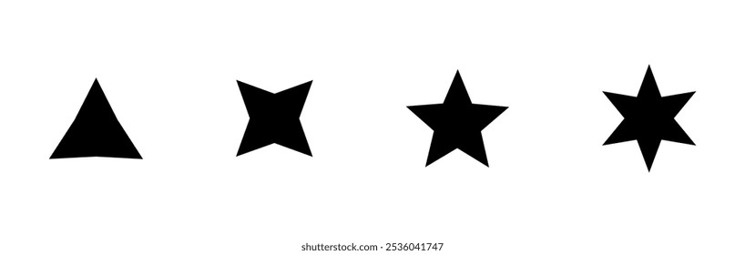 A series of four black geometric shapes, including a triangle, two bowtie shapes, and a star.