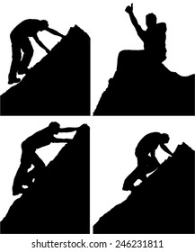 Series of four black and white vector silhouettes of a man climbing a rock or mountain peak showing various side view positions and him sitting on the summit celebrating his achievement