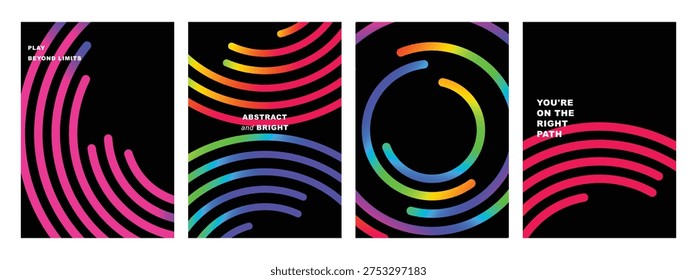 Series of Four Bold Abstract Posters with Vibrant Rainbow Circular Lines on a Black Background for High Impact Modern Graphic Design