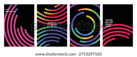Series of Four Bold Abstract Posters with Vibrant Rainbow Circular Lines on a Black Background for High Impact Modern Graphic Design