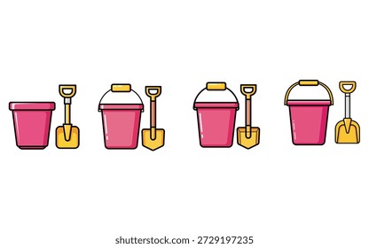 Una serie de cuatro Ilustraciones vectoriales de dibujos animados que representan un cubo de arena rosa y una pala amarilla, que muestran la progresión de la elevación del mango del cubo para un posible uso secuencial de diseño o animación.