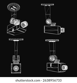 A series of four drawings of a camera with a lens. The drawings are in black and white and are stylized