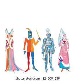 A series of four fictional outfits inspired by medieval costumes, hand drawn cartoon illustrations isolated on white