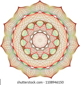 A series of four nested woven guilloche striped rosettes with a gentle gradient of green and brown and bright red highlights.