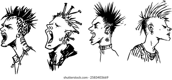 A series of four punk-inspired character illustrations, each with unique hairstyles and expressions. The characters have distinct features like piercings and spiked hair, 