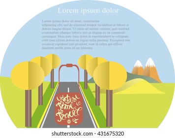 Series four seasons The best time to travel. Mountain landscape, road in autumn time. Modern flat design, design element, vector