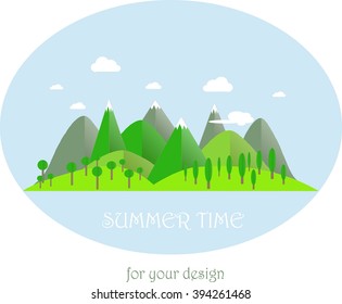 Series four seasons. Mountain landscape in summer time. Modern flat design, design element, vector