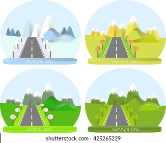 Series Four Seasons. Mountain Landscape With Road In Winter, Summer, Autumn And Spring Time. Modern Flat Design, Design Element, Vector