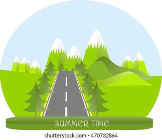 Series four seasons. Mountain landscape, road in summer time, fir trees. Modern flat design, design element, vector