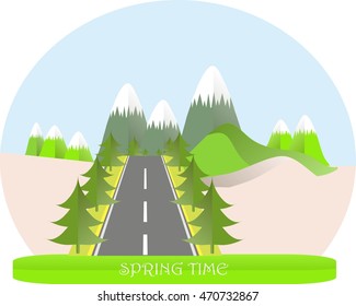 Series four seasons. Mountain landscape, road in spring time, fir trees. Modern flat design, design element, vector