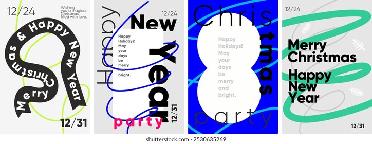 A series of four stylish posters for celebrating Christmas and New Year, featuring dynamic elements and modern typography.