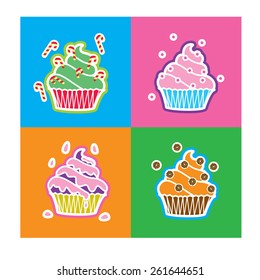 A series of four stylized and colored muffins