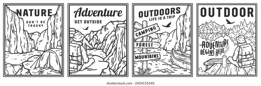 Series of four vintage camping scenes with motivational outdoor adventure sayings, featuring tents, forests, mountains, lake, wildlife. Sticker pack, set for nature hiking, camp. T-shirt prints.