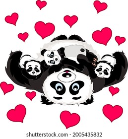 a series of funny pandas, a happy panda mom lies on her back and holds her baby bears on her hugging her arms, isolated on a white background