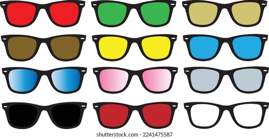 series of glasses with colored lenses-