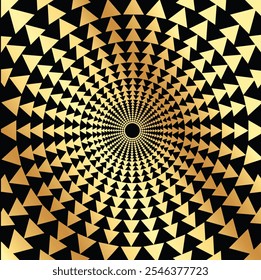 A series of gold triangles arranged in a spiral pattern on a black backdrop