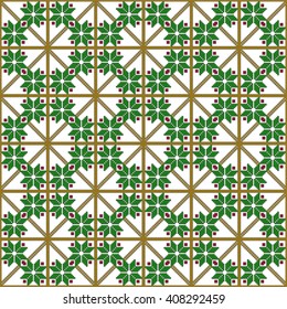 Series of golden and green color background. Seamless pattern of pixel mosaic design as textiles, presentations, wallpapers. Vector Image.