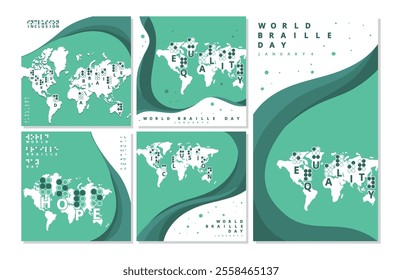 A series of graphic designs promoting World Braille Day featuring a world map with Braille letters and the word hope.