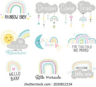 A Series Of Graphic Icons Celebrating Rainbow Babies. Rainbows, Clouds, Stars, Moons, And Sun Shine Welcome A New Baby With Love.