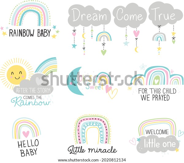 A series of graphic icons celebrating Rainbow\
Babies. Rainbows, clouds, stars, moons, and sun shine welcome a new\
baby with love.