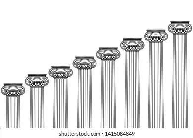 a series of Greek, antique, historical colonnades with Ionian capitals and a place for text on a white background. Vector line illustration