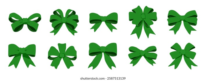 A series of green bows are shown in various sizes and positions. The bows are all green and are arranged in a row