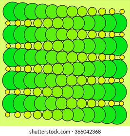 Series of green circles. Circles are constructed in a row. Set of big and small multi-colored circles