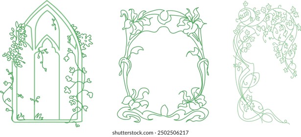Series of green ornaments featuring the elegance of Art Nouveau and Victorian Art Deco styles, hand-drawn and available in vector format.