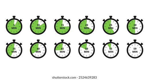 Série de ícones verdes de cronômetro marcando intervalos de 5 a 60 minutos para gerenciamento de tempo. relevante para conceitos relacionados a gerenciamento de tempo, prazos ou intervalo de tempo.