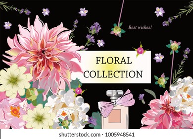 Series of greeting backgrounds with summer and spring flowers. Floral decorations with peonies, roses and dahlias. Vector illustration. 