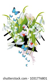Series of greeting backgrounds with summer and spring flowers. Floral decorations with snowdrops and lilies of the valleys. Vector illustration. 