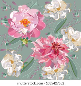 Series of greeting backgrounds with summer and spring flowers. Floral decorations with peonies, roses and dahlias. Vector illustration design for textile, cards etc.