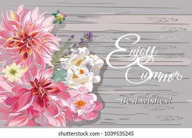 Series of greeting backgrounds with summer and spring flowers. Floral decorations with peonies, roses and dahlias. Vector illustration design for textile, cards etc.