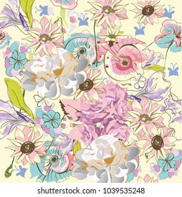 Series of greeting backgrounds with summer and spring flowers. Floral decorations with peonies, roses and dahlias. Vector illustration design for textile, cards etc.