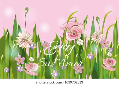 Series of greeting backgrounds with summer and spring flowers. Floral decorations with poppies and daisies of the valleys. Vector illustration. 
