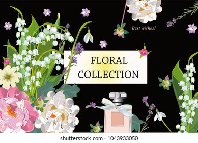 Series of greeting backgrounds with summer and spring flowers. Floral decorations with snowdrops and lilies of the valleys. Vector illustration. 