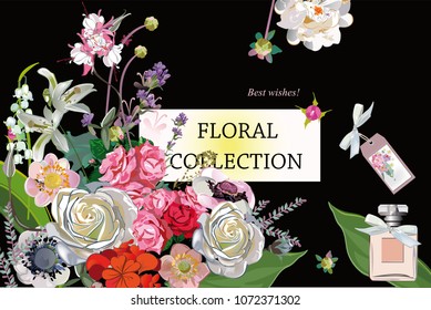 Series of greeting backgrounds with summer and spring flowers. Floral decorations with peonies, roses and dahlias. Vector illustration.