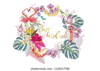 Series of greeting backgrounds with summer and spring flowers. Colorful  floral decorations with peonies, palm leaves and flamingos. Vector illustration.