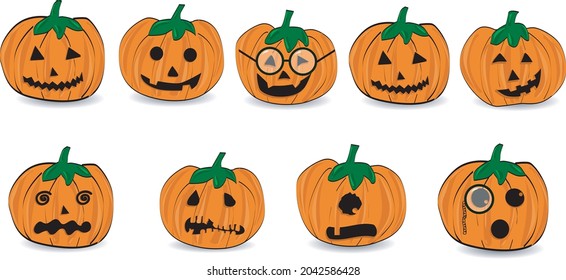 Series of halloween pumpkins illustrations in vector. Pumpkins with different expressions
