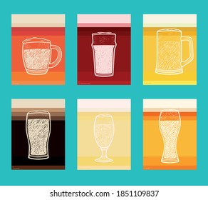 A series of hand drawn posters with different types of beer. Dark, light, cherry, ale, unfiltered.