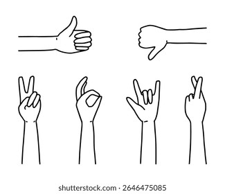 A series of hand gestures including a thumbs up, thumbs down, and three different peace signs. The gestures are in a simple black line drawing style on a white background.