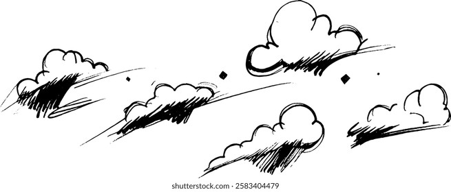 A series of hand-drawn clouds in various sizes, showcasing a whimsical and artistic style. The clouds are sketched with black lines and shading, creating a playful atmosphere.