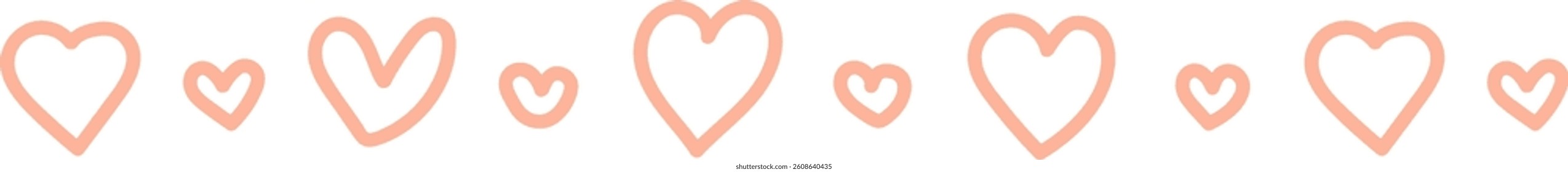 A series of hand-drawn hearts arranged in a horizontal line with varying sizes and spacing. The hearts create a seamless border effect with a playful and romantic style. Cartoon vector illustration.