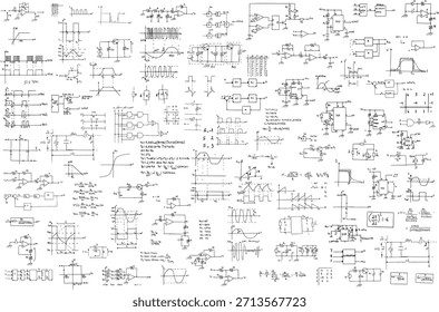 Serie de fórmulas manuscritas, diagramas electrónicos, eléctricos y de telecomunicaciones.	
