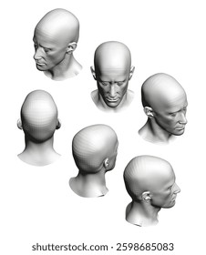 A series of head are shown in a row. The faces are all the same, but they are slightly different in size and position. The faces are all looking in the same direction. Isometric view. 3D