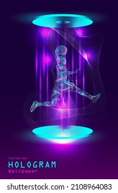 The Series Of Hologram Poster Wallpaper. Action Figure Of A Basketball Player On Light Projection.