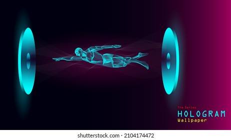 La serie de fondo de pantalla del holograma. Figura de acción de un nadador en proyección de luz.